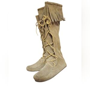Minnetonka Lace-Up Fringe Knee-High Boots - Tan Women's Size 7